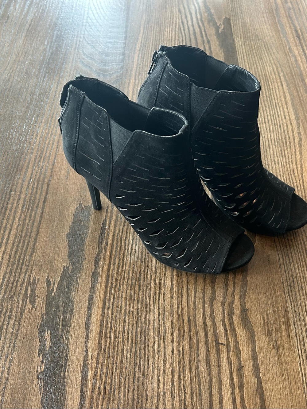 Candie's Black Peep-Toe Laser-Cut Ankle Booties